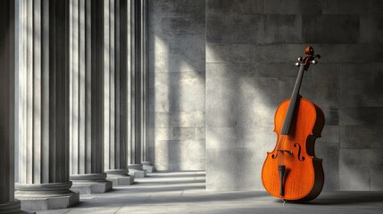 Naklejka premium Classical string instrument in a sunlit colonnade.
