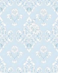 Fototapeta premium Elegant Victorian Baroque floral scroll on pastel blue, seamless pattern.