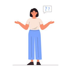 Woman spread her hands. I don't know, question mark, sorry. Question and expression of doubt. Vector illustration	