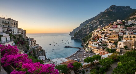 Naklejka premium Sunset view of Positano along the Amalfi Coast with colorful buildings and vibrant flowers in early evening Generative AI