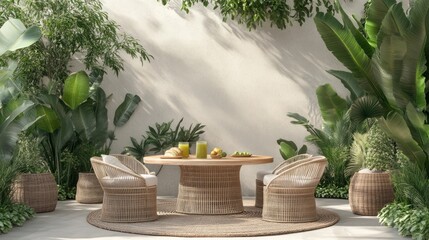 Tropical patio dining, sunlight, plants, relaxation