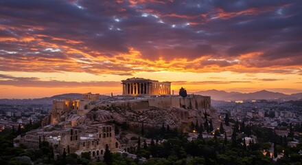 Fototapeta premium Sunset over the Acropolis showcasing ancient structures and vibrant clouds in Athens Generative AI