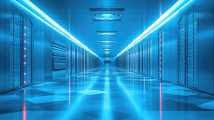 Futuristic server room interior design, glowing blue light.