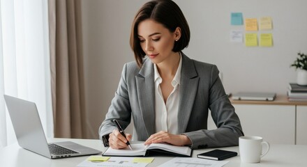 Focused Businesswoman Writing in Notebook at Desk