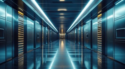 Futuristic, metallic hallway with vibrant blue lighting.