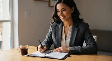 Confident Businesswoman Writing in Notebook, Planning Success