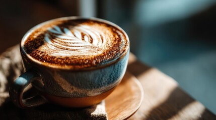 Coffee art latte under morning light on wooden cafe table concept. A beautifully crafted latte art in a ceramic cup, filled with coffee.