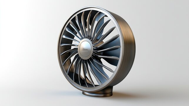 A sleek, dark-metal desk fan with numerous thin, curved blades, a central hub, and a small, circular base, set against a bright white background; it resembles a miniature jet engine