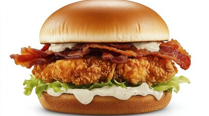 A mouthwatering fried chicken burger with crispy bacon, fried chicken fillet, lettuce, and creamy ranch sauce on a soft bun