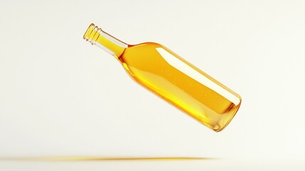 Fototapeta premium A clear glass bottle, amber liquid inside, floats against a minimalist white background, casting a subtle shadow