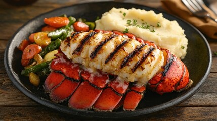 A mouth-watering lobster tail, buttered and grilled to perfection, served with a side of garlic mashed potatoes and vegetables for a luxurious meal