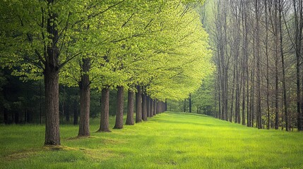 Obraz premium Spring trees line rural path, misty background, nature scene, idyllic