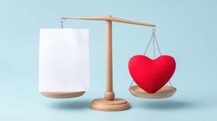 Healthcare policy reform balances emotional care and practical decisions symbolized by heart and blank paper on wooden scale