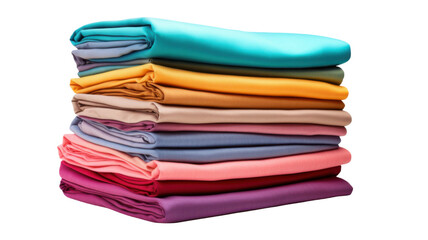 Stack of colorful folded bed sheets with vibrant patterns, soft bedding isolated on white background