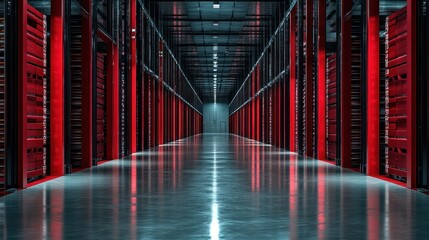 Server room corridor; data center; network infrastructure; glowing red servers; technology background; website header