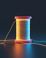 Glow thread spool glowing in the dark on plain dark background