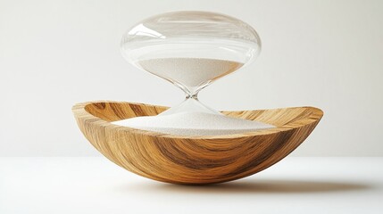 A glass hourglass, mostly filled with white sand, rests within a polished, light brown wooden bowl on a white background.  The sand is slowly flowing downwards