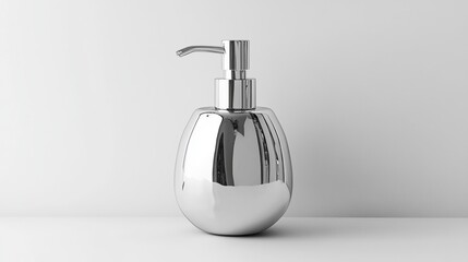 Obraz premium Polished chrome soap dispenser with a sleek, ovular body and a simple pump mechanism, displayed against a minimalist white backdrop