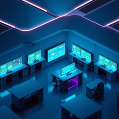 Fototapeta premium Futuristic office space with multiple computer monitors glowing in blue ambient