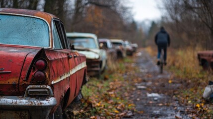 A man rides a bike down a path next to a row of old, rusted cars
