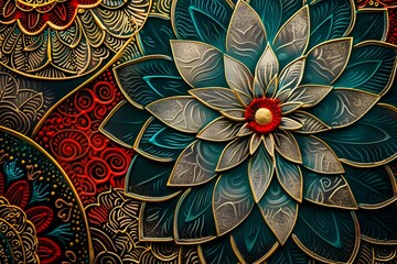 Intricate Teal and Gold Floral Mandala Design: A Close-Up View of Exquisite Artistic Detail, Showing Layers of Petals and Swirls, Illustrating Complex Patterns and Textures in Symmetrical Composition