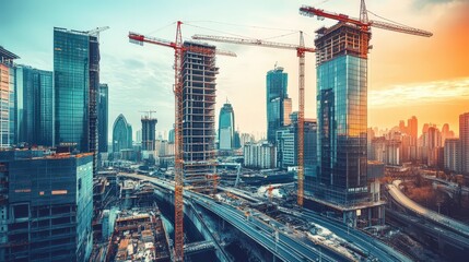 Create an inspiring image of completed construction work, showing a modern skyline with newly built skyscrapers, bridges, and roads as a result of teamwork and engineering