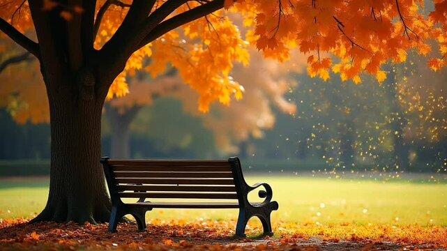 Autumn park bench under orange maple tree with falling leaves, seamless looping 4k time-lapse animation video background