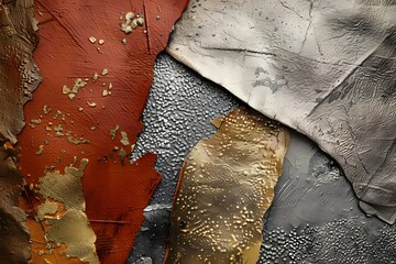 Abstract Gold, Silver, and Red Texture: A Layered Visual Exploration of Metallic and Earthy Tones, Irregular Shapes and Grunge Aesthetic, with a Focus on Textural Contrast and Color Interactions