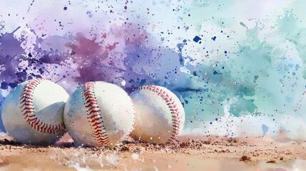 Three baseballs are sitting on a sandy field