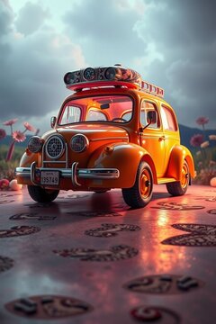 Vintage orange car with roof luggage stands on a reflective surface