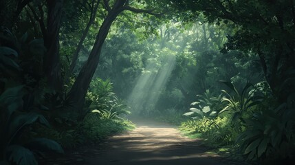Sunlit jungle path lush green forest scene with light beams