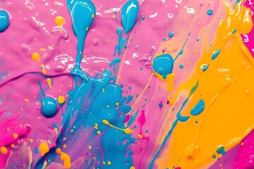 Vibrant Hues Dance: Abstract Painting of Swirling Pink, Yellow, and Blue Acrylics, Creating a Dynamic and Evocative Visual Masterpiece with Bold Color Splashes and Fluid Textures.  An Artistic Explora