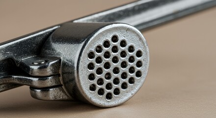 Close-up of a Metallic Garlic Press: A Detailed View of Kitchen Utensil