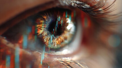 Gold bull trend with psychology and chart concept. Close-up of an eye with digital elements symbolizing technology.