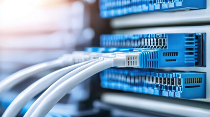 High quality network equipment with blue connectors and white cables, showcasing modern data center setup