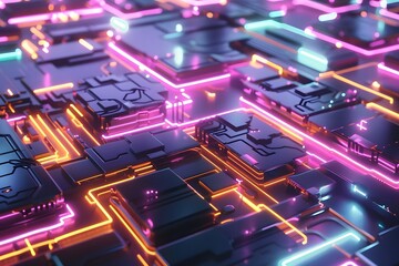 Neon Circuitry: Abstract 3D Render of Glowing Lines and Geometric Shapes, Exploring Vibrant Colors and Futuristic Designs in a Digital Art Style, Showcasing Innovative Technology and Modern Aesthetics