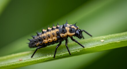 Macro Photography of a Ladybug Larva on a Green Leaf