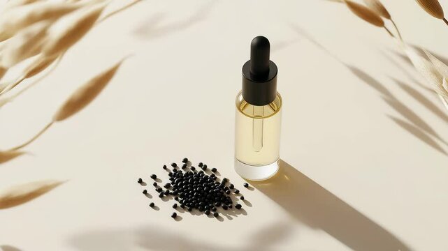 A bottle of oil is placed on a table with some black seeds scattered around it. The bottle is made of glass and has a black cap. The seeds are small and black