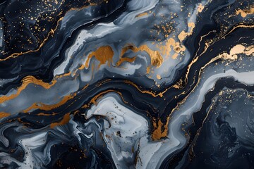 Fluid Acrylic Pouring:  Creating Abstract Swirls of Deep Blue, Gray, and Gold, Achieving a Luxurious Marble Effect with Stunning Visual Depth and Exquisite Detail, Perfect for Artistic Inspiration.