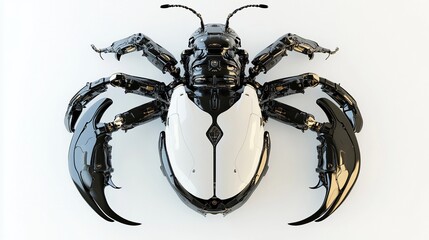A meticulously detailed, top-down view of a robotic insect, predominantly black with a contrasting white segmented abdomen, showcasing intricate mechanical joints and limbs
