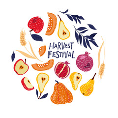 Composition of food products. Round border with fruits, vegetables and leaves. Harvest organic farm food. Hand drawn vector illustration for Menu, packaging, advertising. Circle frame, Harvest print.