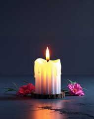 Decorative candle glowing in the dark on plain dark background