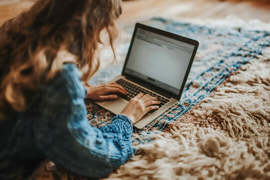 A young woman focused on her work at home using a laptop on a cozy, textured rug