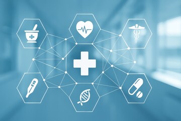 Medical network interface with health icons on a blue digital background. Symbols include DNA, pills, heart, thermometer, and cross. Concept of digital healthcare and modern medicine