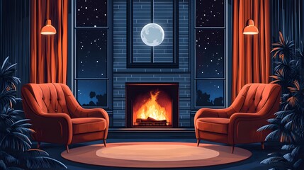 Cozy living room scene at night with fireplace.