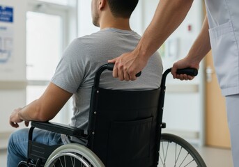 Obraz premium A nurse pushes a patient in a wheelchair through a hospital corridor