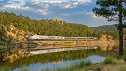 Scenic train journey, mountain reflection, summer evening