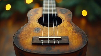Fototapeta premium Vintage ukulele close-up on wooden surface