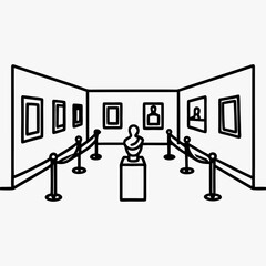 Linear illustration of an art gallery with framed pictures and sculpture  