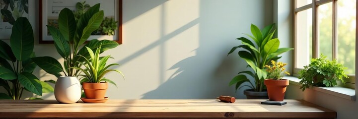 Fototapeta premium Stylish workspace with plants and natural light, workplace, natural light